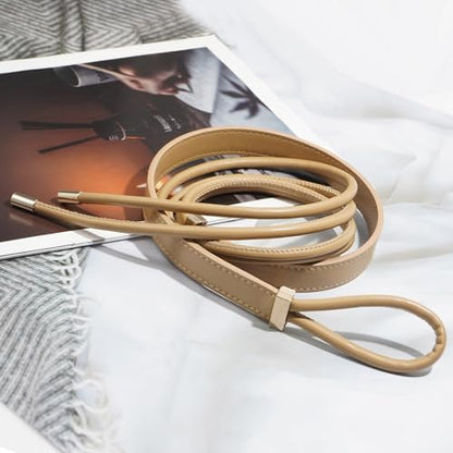 Women's Knotted Thin Waist Belt PU Leather Skinny Belts for Dresses Pants - color: Khaki