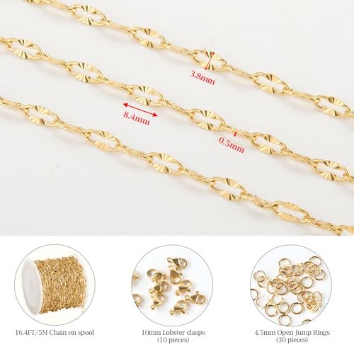 KYUNHOO 5 Meters Gold Plated Chains for Jewelry Making Sunflower Chain Link | Texture Stainless Steel Gold Jewelry Chain 8MM Long Lip Chain for Jewelry Craft DIY with Jump Rings Lobster Clasps - color: Cross Oval Gold