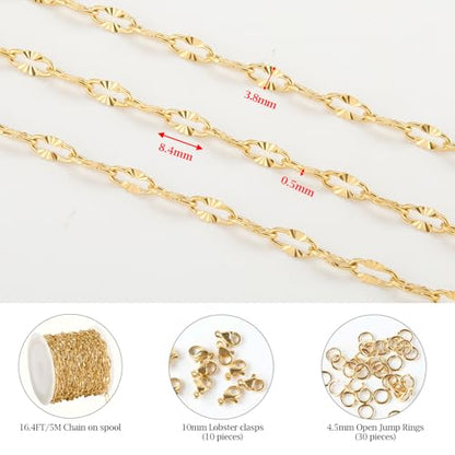 KYUNHOO 5 Meters Gold Plated Chains for Jewelry Making Sunflower Chain Link | Texture Stainless Steel Gold Jewelry Chain 8MM Long Lip Chain for Jewelry Craft DIY with Jump Rings Lobster Clasps - color: Cross Oval Gold