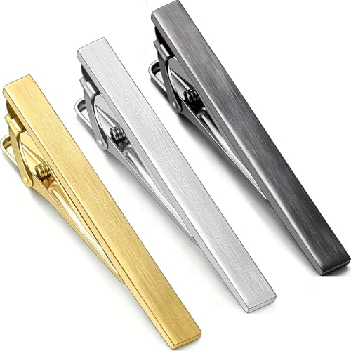 Brush Tie Clips for Men Gold Silver Black, Oahcizelm 2.36in Tie Bar & Pin | Solid Brass Tie Clips with Gift Box. Men's Accessories ideal for Business, Wedding, Formal Event, Husband, Boyfriend, Father - style: 3pack
