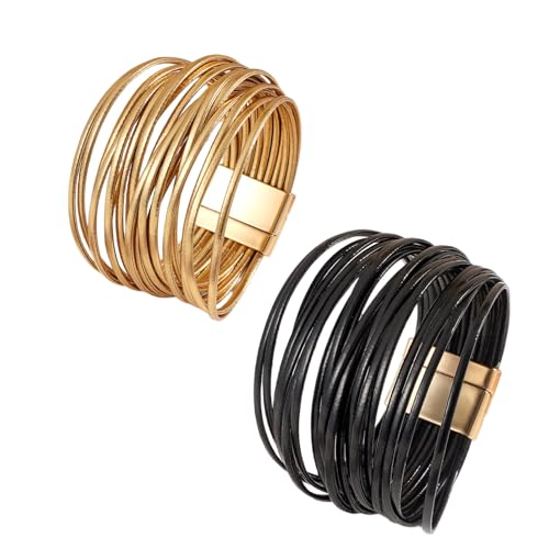 DRXRD Boho Leather Wrap Bracelets for Women Men Multi-Layer Bracelets with Strong Clasp Western Jewelry - color: D