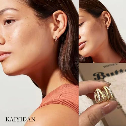2 Pairs Gold/Silver Hoop Earrings For Women Set Trendy,14K Plated Gold Chunky Huggie Hoop Earings Pack,Oval Twisted Statement Silver Hoops,Fashion Jewelry Gift - color: B4 double loops CZ hoops set