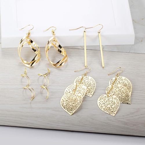 18k Gold Plated Dangle Earrings Set Metal Geometric Bar Earrings Long Leaves Tassel Threader Earrings Set For Women (4PC)