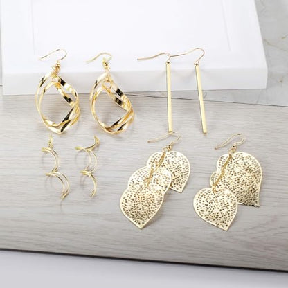 18k Gold Plated Dangle Earrings Set Metal Geometric Bar Earrings Long Leaves Tassel Threader Earrings Set For Women (4PC)