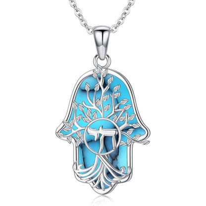 Hamsa Necklace 925 Sterling Silver Evil Eye/Lotus Flower/Star of David/Chai/Yin Yang Hamsa Hand Pendant Jewelry Hand of Fatima Gifts for Women - style: Chai-Turquoise