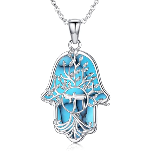Hamsa Necklace 925 Sterling Silver Evil Eye/Lotus Flower/Star of David/Chai/Yin Yang Hamsa Hand Pendant Jewelry Hand of Fatima Gifts for Women - style: Chai-Turquoise