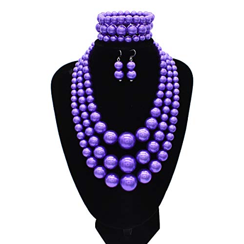 We We Imitation Pearl Necklace for Women Large Chunky Pearl Necklaces Multilayer Pearl Necklace and Earring 1920s Costume Jewelry set - color: purple pearl necklace set