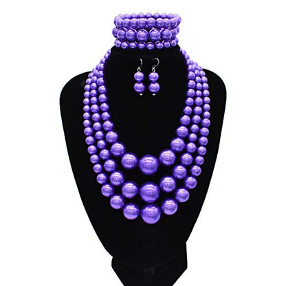 We We Imitation Pearl Necklace for Women Large Chunky Pearl Necklaces Multilayer Pearl Necklace and Earring 1920s Costume Jewelry set - color: purple pearl necklace set