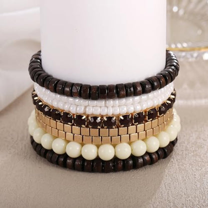 LUREME Boho Multi Strand Stackable Stretch Bracelet Set Wooden Cube Alloy Bead Bangle bl003172 - color: Dk Brown