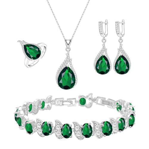 LMXXVJ Jewelry Set for Women,Teardrop Cubic Zirconia Necklace Earrings Adjustable Ring Bracelet Jewelry Set Formal Jewelry Gift - color: ZYSD-White Gold-Green