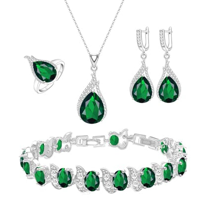 LMXXVJ Jewelry Set for Women,Teardrop Cubic Zirconia Necklace Earrings Adjustable Ring Bracelet Jewelry Set Formal Jewelry Gift - color: ZYSD-White Gold-Green