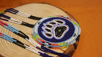 Handmade Native American Style Tribal ethnic Seed Bead Beaded Layered Medallion Necklace - color: Blue Bearpaw