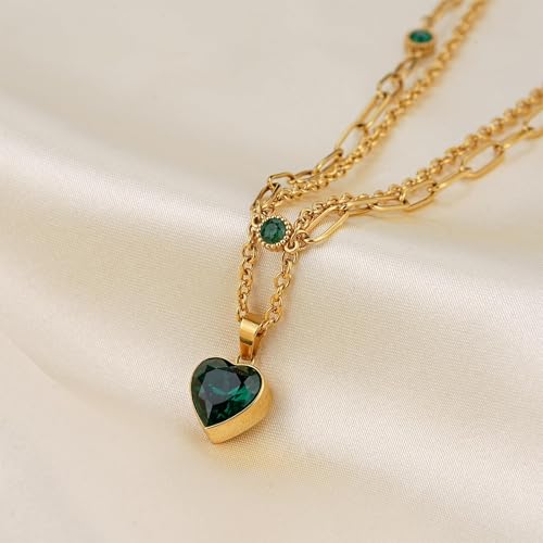 Birthstone Layered Pendant Paperclip Necklace 18k Gold Plated Heart Choker Chain Necklace Emerald Cut Jewelry Birthday Gift for Women - color: Heart Emerald