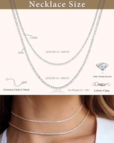 Double Layer Tennis Necklaces for Women - Dainty Gold and Silver CZ Tennis Necklace Simple Tennis Chain Sparkly CZ Choker Necklaces for Women Trendy Silver Jewelry - color: Silver, style: 14inch/1.5mm & 16inch/2mm