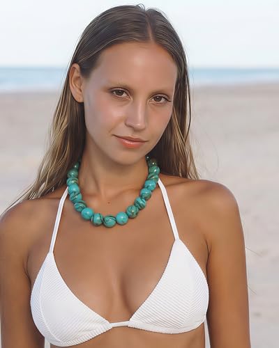 Chunky Beaded Choker Necklace for Women Boho Statement Necklace with Large Pearl Blue Brown Tone Resin Beads Summer Beach Jewelry Gifts - color: Turquoise