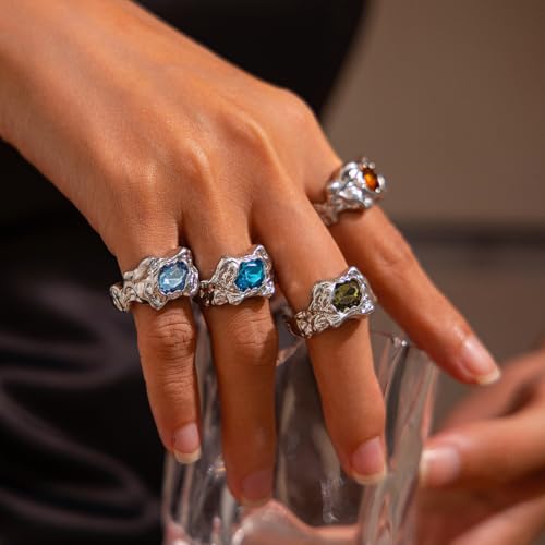 Chunky Knuckle Rings Set for Women Gold Irregular Chunky Ring Set Adjustable Open Knuckle Stacking Rings Dainty Crystal Rings Set Gold Silver Liquid Irregular Ring Set Y2k Statement Ring Unique Ring Jewelry - color: Silver