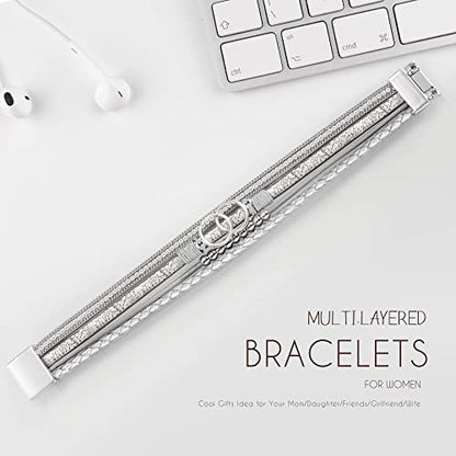Bracelets for Women, Gifts for Mom Her Christmas Gift 2026 Leather Bracelets for Women Birthday Gift for Daughter Inspirational Wrap Bracelet Sister Friend Teen Girl Gift Layered Stocking Stuffers Jewelry - style: Silver