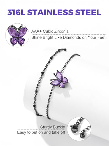 Richsteel Double Layer Heart/Butterfly Birthstone Anklet for Women | Non Tarnish Waterproof, Silver/Gold/Black Stainless Steel 8.5-10.5 Inch Adjustable Chain Anklets Summer Beach Foot Jewelry - color: Black Butterfly-02 Feb.(Amethyst)