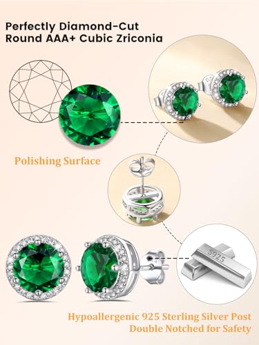 Bestyle Authentic 925 Sterling Silver 2 Carat Birthstone Earrings for Women, More Sparkle Heart/Round Solitaire Diamond Studs Earrings, Great Birthday/Christmas/Anniversary Jewelry for Wife Mother - color: 05. May Emerald-Round