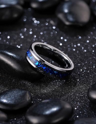 King Will Mens Wedding Band with Foils Inlay, Black/Silver/Gold Beveled Edge Glowstone Ring, 6mm/8mm Tungsten Carbide Rings Comfort Fit - color: Silver&Blue-6mm