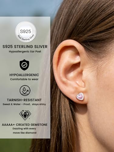 Bestyle 8mm Small Birthstone Earrings for Women with Hypoallergenic Sterling Silver Post,Sparkle Heart/Round Womens Studs Earrings, Great Birthday/Christmas/Anniversary Jewelry for Wife Mother - color: 10. Oct. Pink Tourmaline-Heart