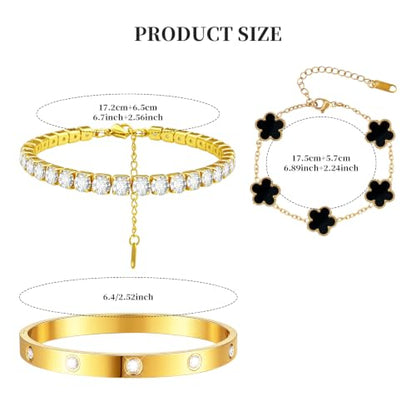 Gold Stackable Bracelets for Women 18K Gold Plated Floral Bracelet, Stainless Steel Bangle Bracelets Trendy Jewelry as Gifts for Women - style: Black