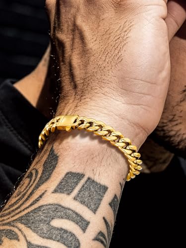 Bandmax Mens Hip Hop Cuban Link Bracelets 5/7/9/12MM Stainless Steel Miami Curb Chain Bracelet Silver/Gold Plated/Black Wristlet Chains for Men 7"-9" - color: 09 9MM-Gold