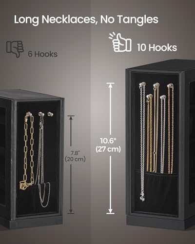 SONGMICS Watch Box 12 Slots with Glass Windows, 360° Rotating Vertical Watch Display Case, Jewelry Sunglasses Ring Storage, 10 Necklace Hooks, Removable Pillows, Velvet Lining, Ink Black UJWB028B01 - color: Ink Black, size: 12 Slot