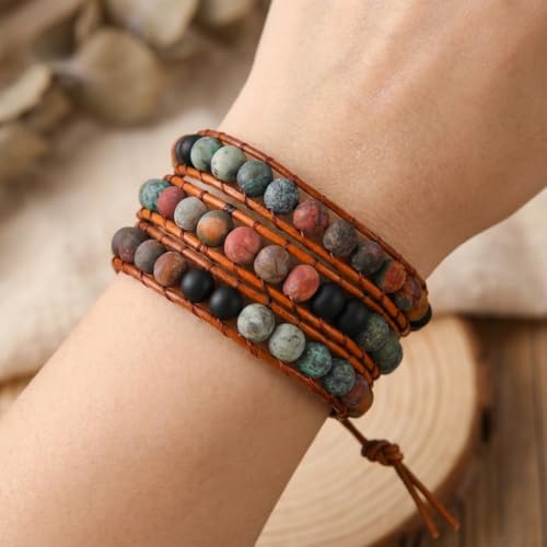 YGLINE Natural Stone Wrap Bracelet for Women Boho Bracelets Healing Crystal Beaded Bracelet Adjustable 3/5 Wraps Bracelet Handmade Birthday Gifts for Women - color: African Turquoise