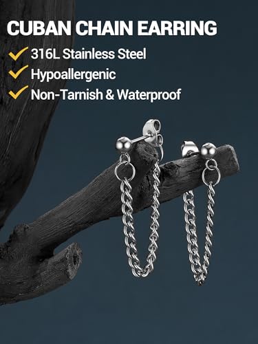 PROSTEEL Stainless Steel Huggie Hoop Earrings for Mens Gold/Black/Silver | Skull/Infinity Pattern, Spike/Cuban Links 4 Design Options Hypoallergenic Lightweight Earring Hip Hop Punk Gothic Jewelry - style: 07-Cuban Chain-Silver