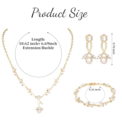 Bridal Jewelry Sets for Women Wedding Jewelry for Women | Cubic Zirconia Wedding Jewelry for Women Pearl Pendant Necklace Earrings Set - color: Gold