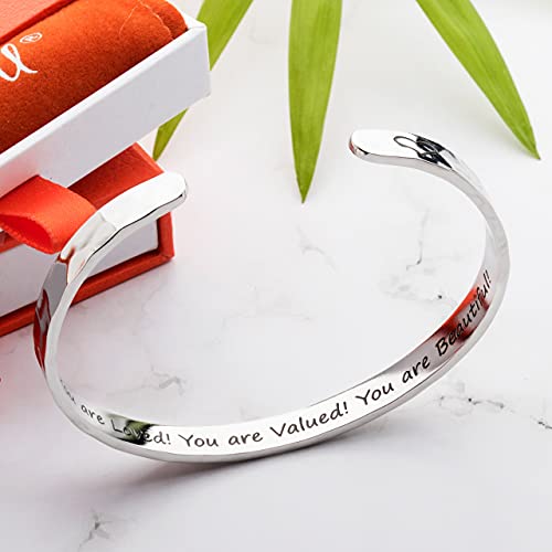Bracelet - Gifts for Women – Inspirational, Friendships, Love, Mom, Daughters, Sisters, Christian, Graduations, Memorials & Wedding Gifts – 100+ Phrases – Stainless Steel, Gift Ready - color: INSPIRATIONAL Gift - You are Loved! You are Valued! You are Bea