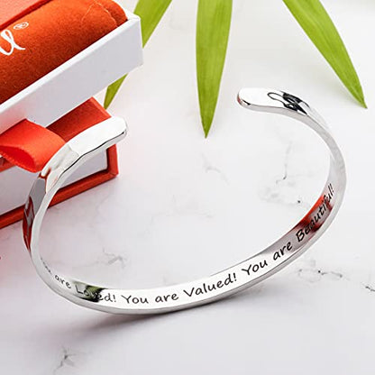 Bracelet - Gifts for Women – Inspirational, Friendships, Love, Mom, Daughters, Sisters, Christian, Graduations, Memorials & Wedding Gifts – 100+ Phrases – Stainless Steel, Gift Ready - color: INSPIRATIONAL Gift - You are Loved! You are Valued! You are Bea