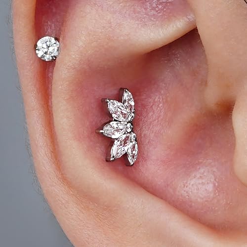 FINE4U 1PC ASTM F136 Titanium 16G Flatback Stud for Tragus, Helix, Conch 6mm 8mm - Screw on Cartilage Earring Piercing Jewelry - color: Flower CZ - Tit