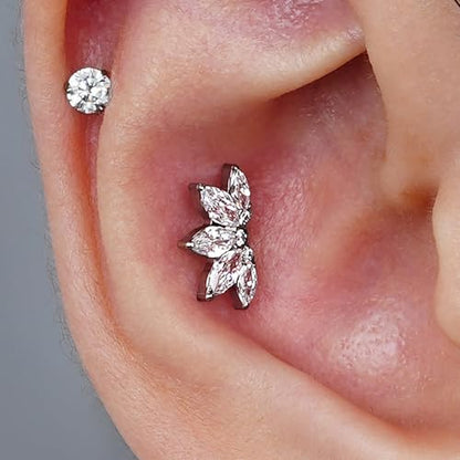 FINE4U 1PC ASTM F136 Titanium 16G Flatback Stud for Tragus, Helix, Conch 6mm 8mm - Screw on Cartilage Earring Piercing Jewelry - color: Flower CZ - Tit