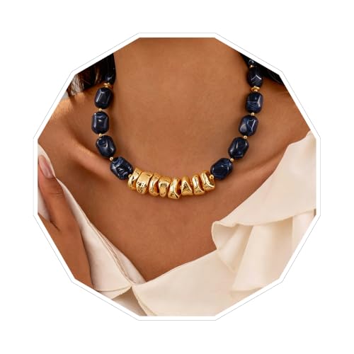 VIBILIA Boho Beaded Chunky Statement Necklace for Women Y2K Summer Jewelry | Boho Handmade Large Resin Bead Strand, Trendy Statement Summer Vacation Holiday Jewelry - color: Oval-Blue