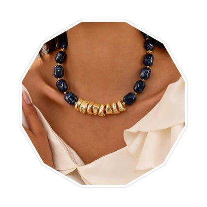 VIBILIA Boho Beaded Chunky Statement Necklace for Women Y2K Summer Jewelry | Boho Handmade Large Resin Bead Strand, Trendy Statement Summer Vacation Holiday Jewelry - color: Oval-Blue