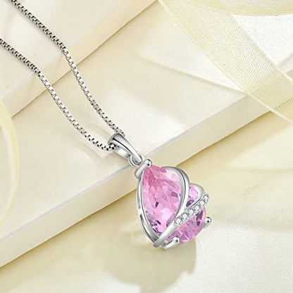 Birthstone Pendant Necklace 925 Sterling Silver Teardrop Jewelry for Women - color: Pink