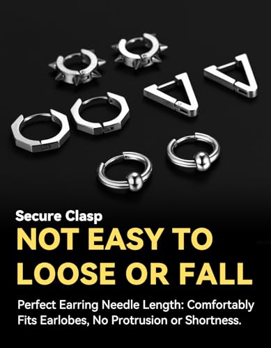 ChainsHouse Stud Earrings for Men Women,316L Stainless Steel/14K Gold/Black Plated Metal, Punk Hypoallergenic Surgical Huggie Hoop Earrings Mens Jewelry Piercing Hoop Earrings - style: F: Silver-Different Disign(4 Pairs)