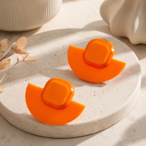 Orange Acrylic Earrings Geometric Semicircle Square Statement Studs, Lightweight Glossy Resin Jewelry for Women Party Vacation Outfits