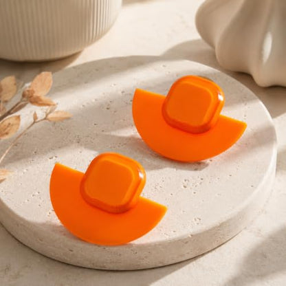 Orange Acrylic Earrings Geometric Semicircle Square Statement Studs, Lightweight Glossy Resin Jewelry for Women Party Vacation Outfits