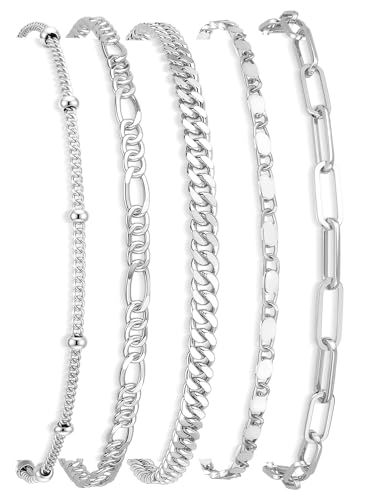 Gold Bracelets Set for Women Non Tarnish Trendy,14K Gold Plated Dainty Stackable Paperclip Cuban Link Chain Bracelets, Simple Cute Cuff Bracelets Jewelry Set Adjustable 7"+2" - color: Silver