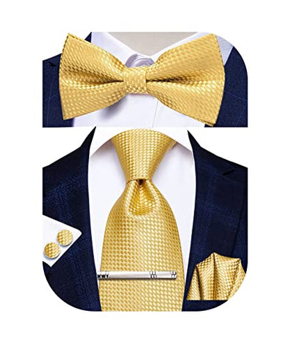 Hi-Tie 5Pcs Mens Solid Color Silk Tie Satin Pretied Bowtie Lapel Pin for Men Handkerchief Cufflink Wedding Gift Box - color: Gold Set
