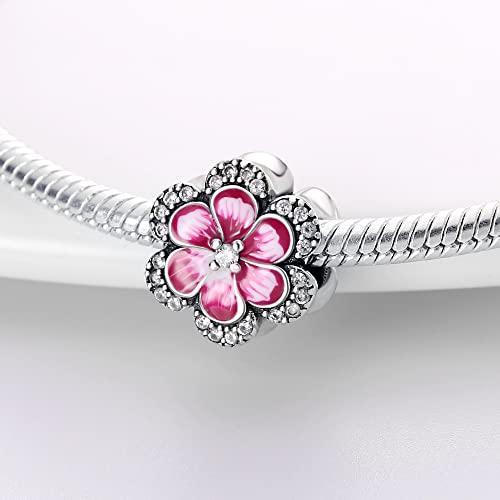 HappyStar 925 Sterling Silver Charms for Bracelets and Necklace Dangle Pendants Beads Charms Fits Charms Bracelets for Woman Jewelry Gifts (with one Spacer Bead Charms) - style: Pink Flower Beads