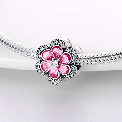 HappyStar 925 Sterling Silver Charms for Bracelets and Necklace Dangle Pendants Beads Charms Fits Charms Bracelets for Woman Jewelry Gifts (with one Spacer Bead Charms) - style: Pink Flower Beads