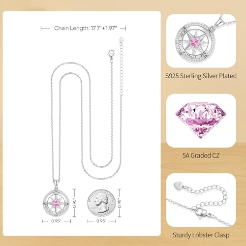 Peeshow Compass Birthstone Necklace for Women Wife, S925 Sterling Silver Gift for Wife Wedding Anniversary Birthday Gifts for Women Jewelry for Her Girlfriend I'd be Lost without You - style: 10-Oct-Tourmaline