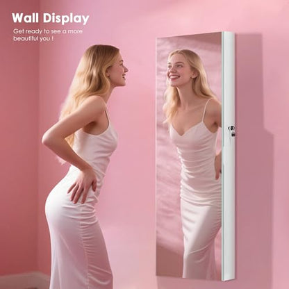 PEALSN Full Length Mirror Jewelry Organizers and Storage Cabinet, Wall or Door Mounted, Necklace Ring Earring, and Makeup Storage Lockable Gift Armoire, White.