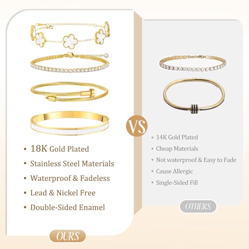 MOINSPIRE Gold Bracelets for Women, 18K Gold Plated Tennis Nail Clover love Bangle Bracelets Set Non Tarnish, Stainless Steel Trendy Stackable Bracelet Fashion Jewelry Accessories Gifts for Christmas - color: A2-White