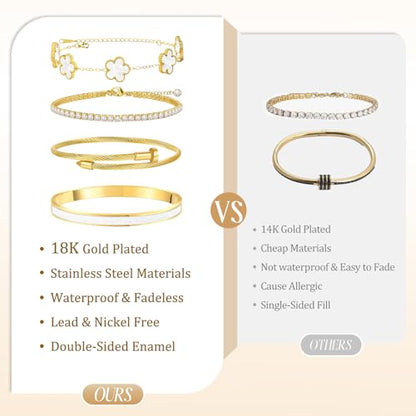 MOINSPIRE Gold Bracelets for Women, 18K Gold Plated Tennis Nail Clover love Bangle Bracelets Set Non Tarnish, Stainless Steel Trendy Stackable Bracelet Fashion Jewelry Accessories Gifts for Christmas - color: A2-White