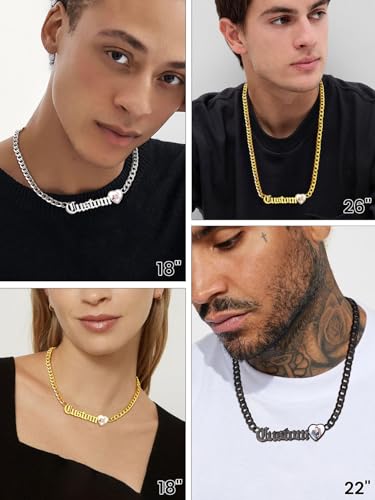 GoldChic JEWELRY Name Necklace Personalized for Men, Womens Custom Name Plate Chain, Stainless Steel Customized Old English Nameplate Choker with Curb Chains Custom, 16 inches to 30 inches - color: Photo & Cuban Chain 6 mm -Gold